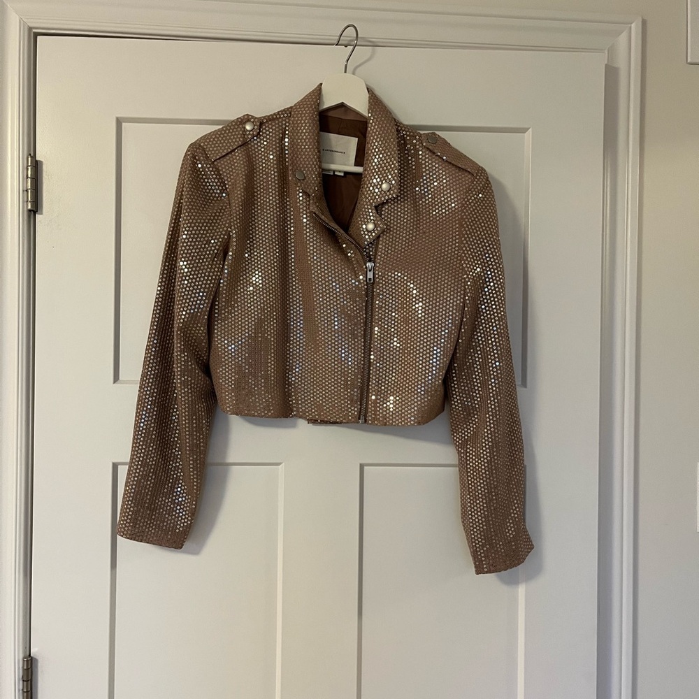 Anthropologie Rose Gold Studded Cropped Moto Jacket